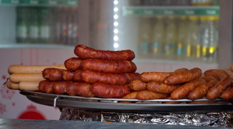 Street food sausages for sale during Advent time in Croatia